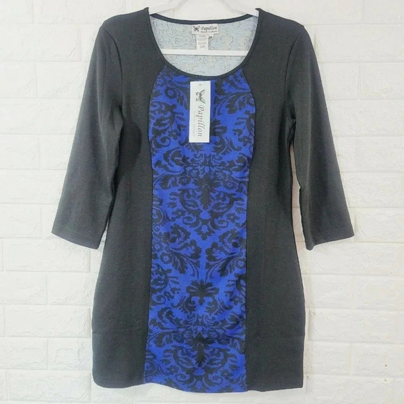 NWT Papillon Women's Sweater Dress Long Sleeve V-Neck Mixed Print Blue/Black M - Picture 1 of 3